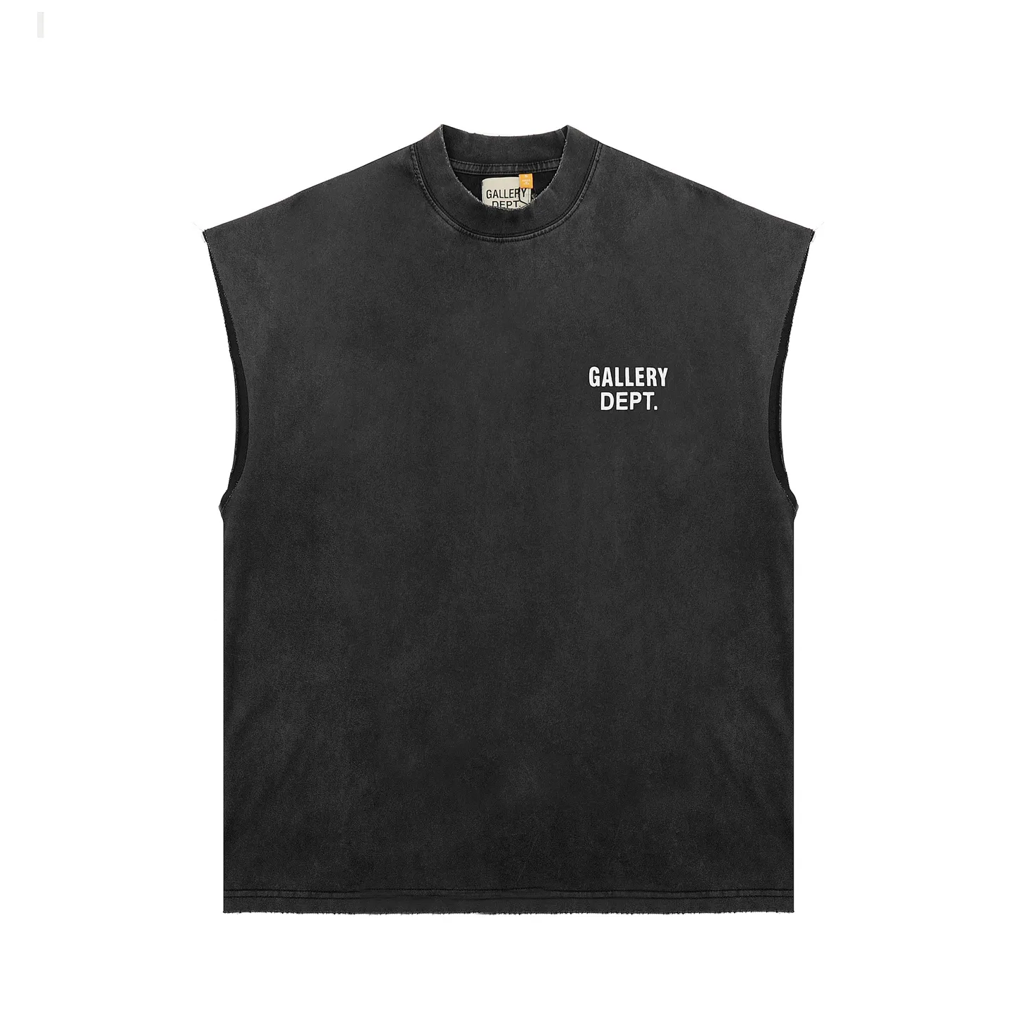 pt #G1001 P110 GALLERY DEPT. Old and frayed sleeveless waistcoat short sleeves. Basic black and white letter printing. Made of 280G double yarn pure cotton. The fabric is comfortable and stylish. After washing and distressing, the upper body becomes more fashionable and cool. The collar and hem are frayed. The design is full. The US version is too large. Color: washed black. Size S/M/L/XL